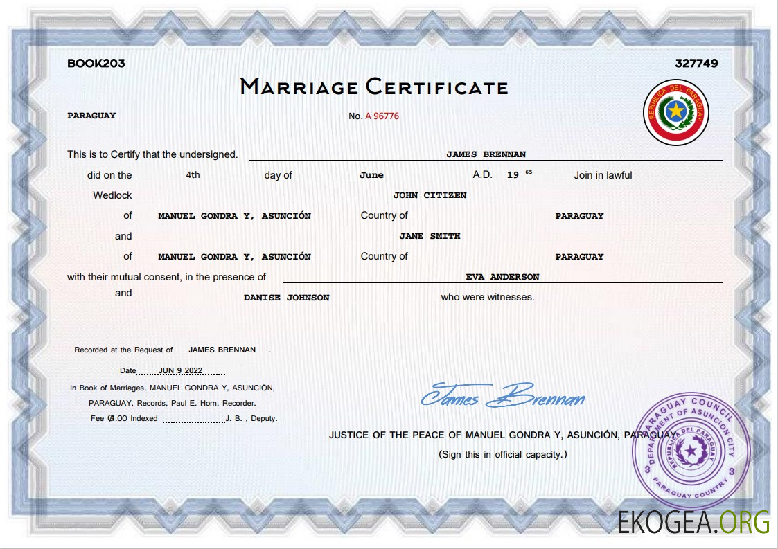 Modèle Word et PDF d'acte de mariage au Paraguay